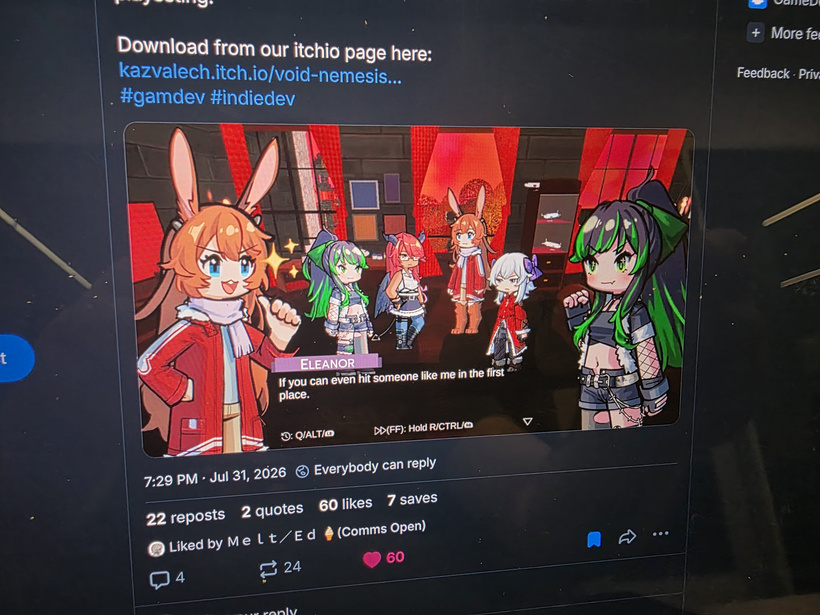 I don't wanna post a screenshot from their game without permission, so here's a phone picture of my laptop showing their bluesky post, lmao.